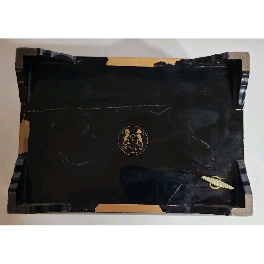 Vintage Crestline Japan Music Jewelry Box Black Lacquered Painted Mirror Locking